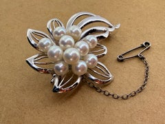 6mm Cultured Pearl (x11) 925 Sterling Silver Floral Motif Large Vintage Brooch