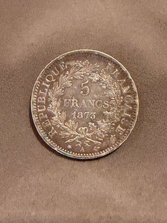 Moneta francese da 5 franchi del 1873 circa, in argento 900, in condizioni AU. Gruppo Hercules, design di A. Dupré.