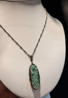 Rhoda Wager Superb Jade Carving Pendant Necklace in 925 Sterling Silver