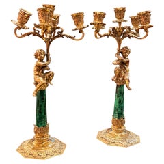 Asprey, opulentes Paar Kerzenleuchter aus Malachit und vergoldetem 925er Silber, um 1959, London.