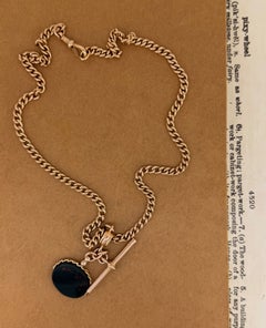 Edwardian 9K Rose Gold Albert Fob Chain with Bloodstone Spinner & T-Bar Pendant