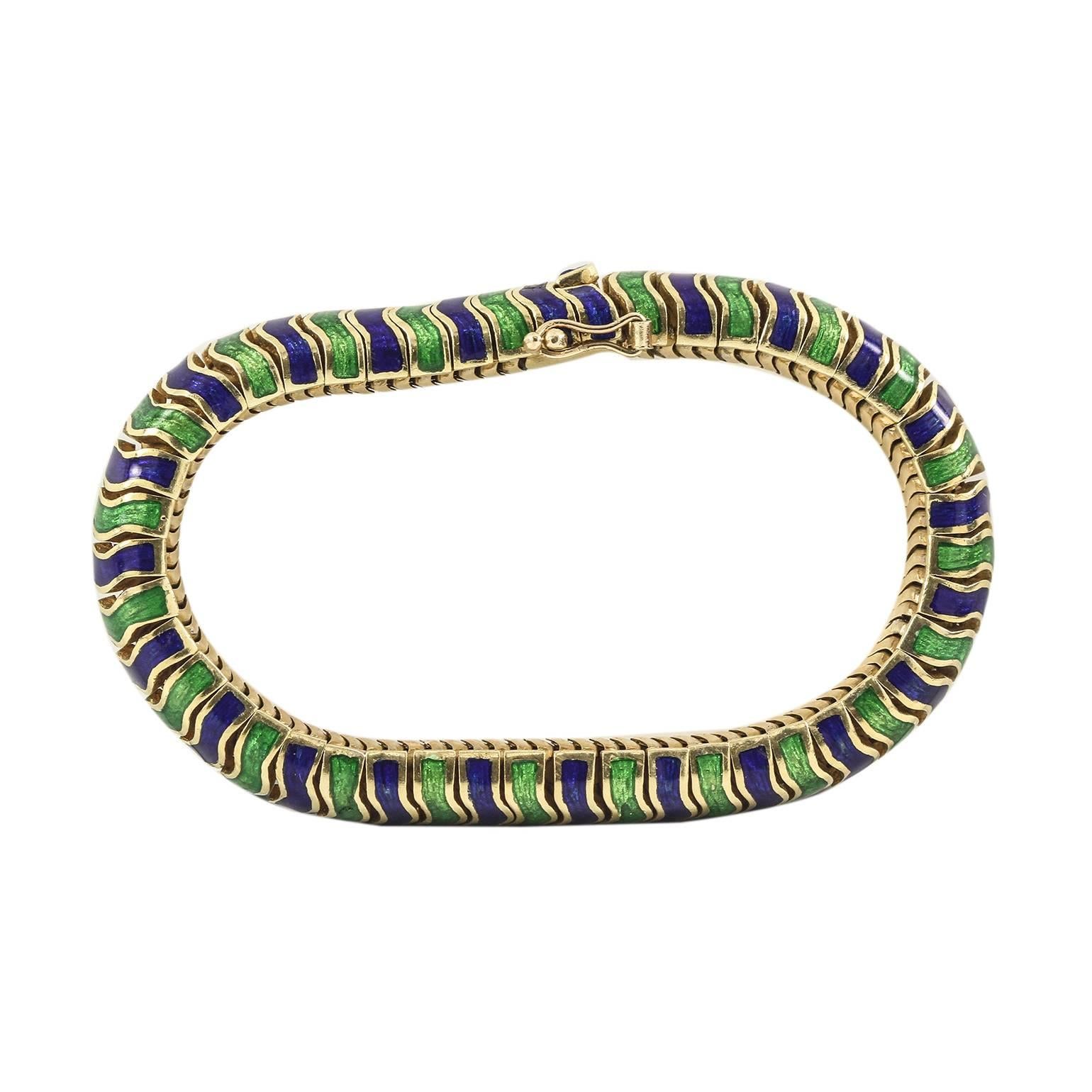 Tiffany & CO. Caterpillar Bracelet in Blue and Green Enamel
6.5 inch
