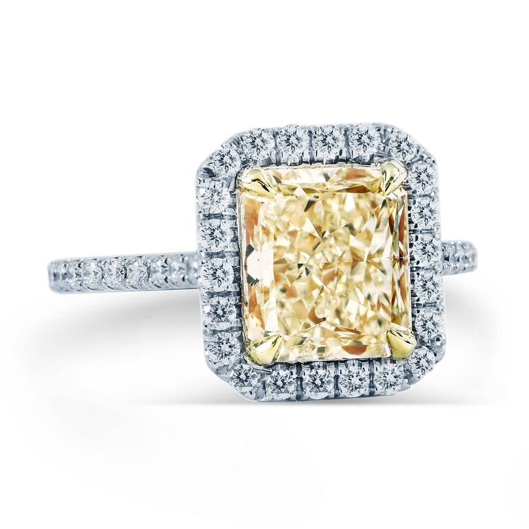3.62 GIA cert Radiant Fancy Yellow diamond Gold Halo Engagement Ring ...
