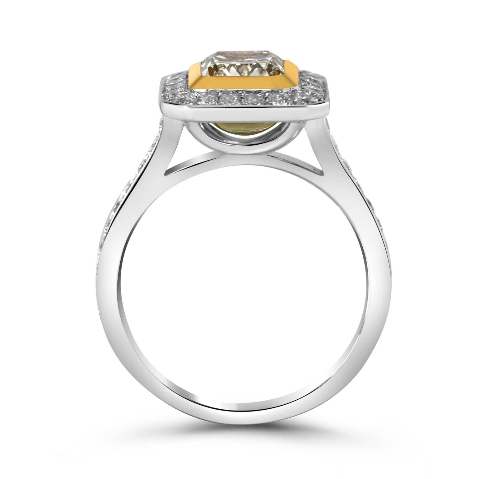 1.65 Carat Fancy Yellow Radiant Cut EGL Pave Diamond Halo Engagement Ring  In Excellent Condition For Sale In Los Angeles, CA