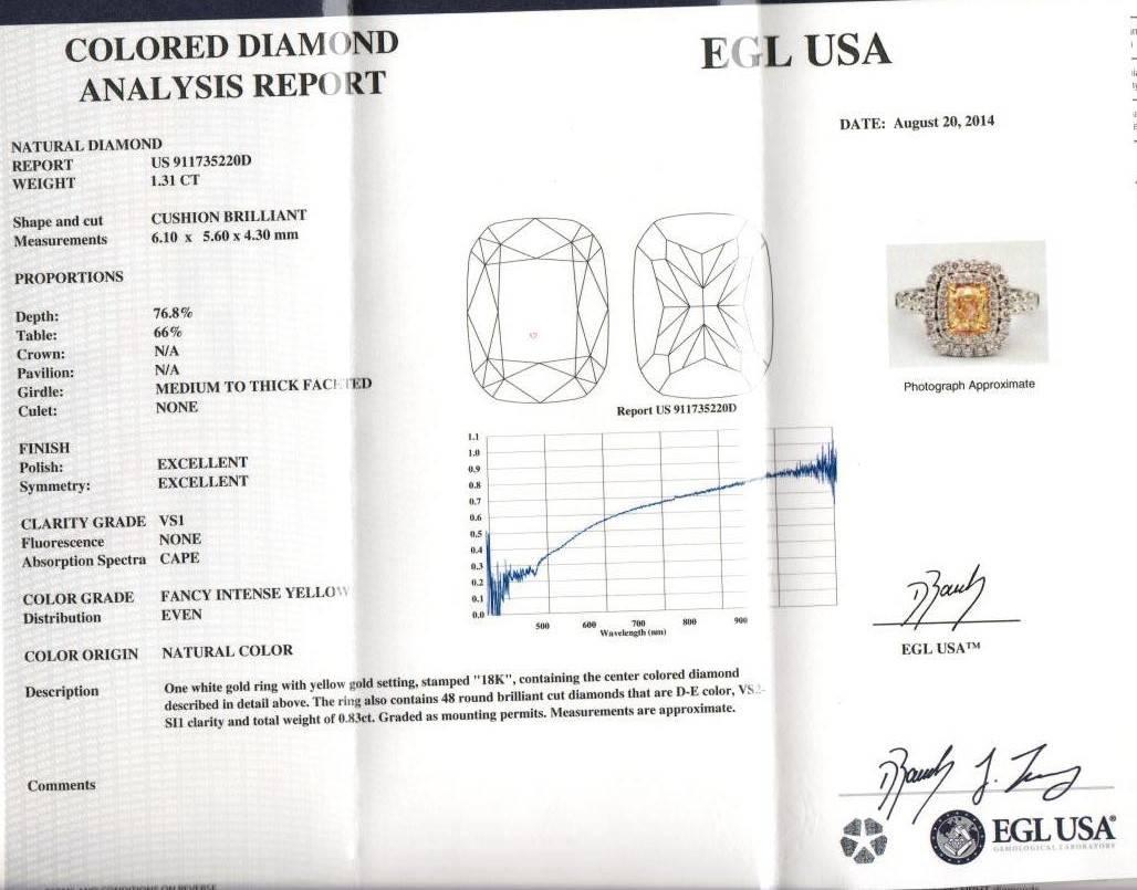Women's 1.31 Carat Fancy Intense Yellow Cushion Cut EGL Diamond 2-Halo Engagement Ring For Sale