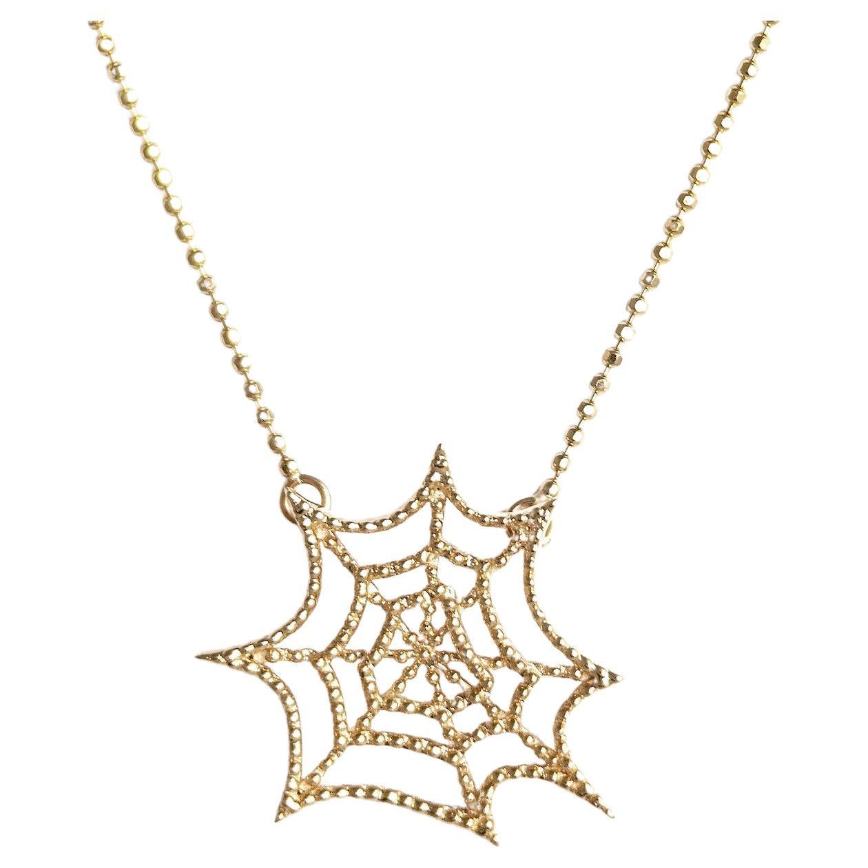 JHERWITT Solid 14k Yellow Gold Spiderweb Pendant Necklace  
