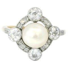Natural saltwater pearl and diamond ring circa 1900
