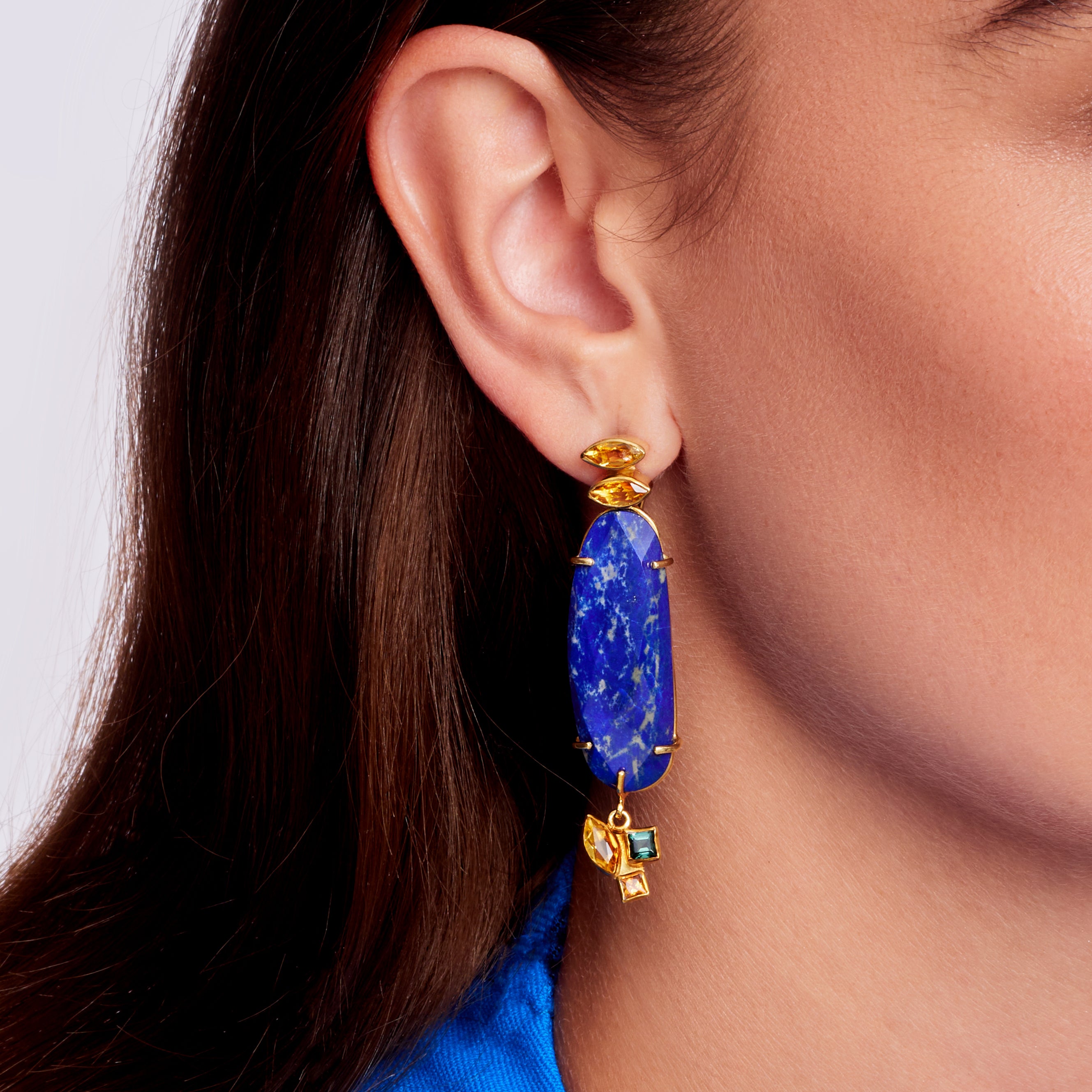 Lapis Lazuli Tourmaline Citrine Pink Sapphire Yellow Gold Dangle Earrings For Sale
