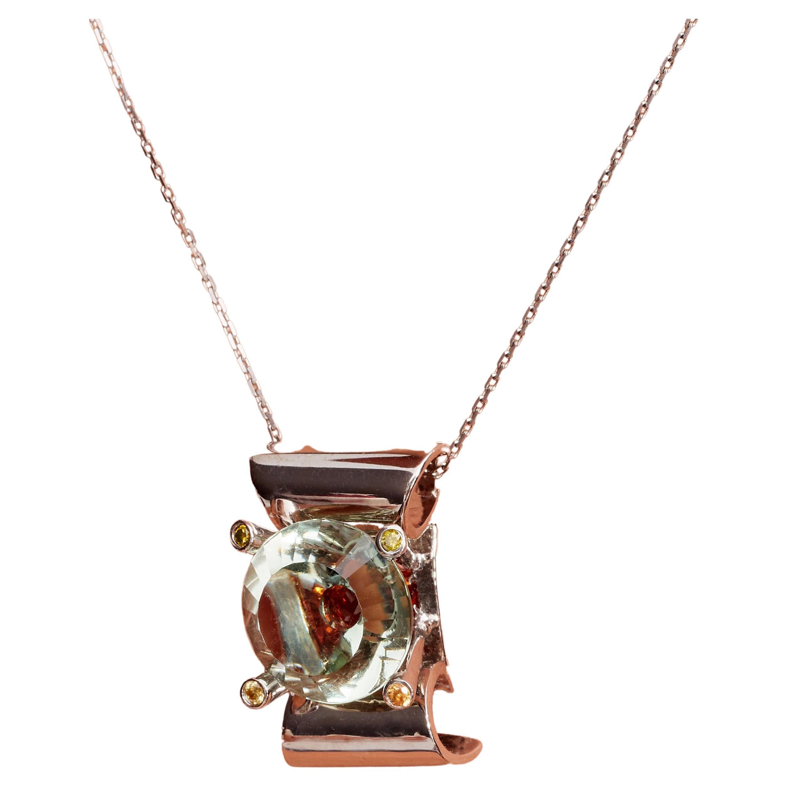 9 Carat Prasiolite, Spessartite, White Gold Pendant Necklace, in Stock