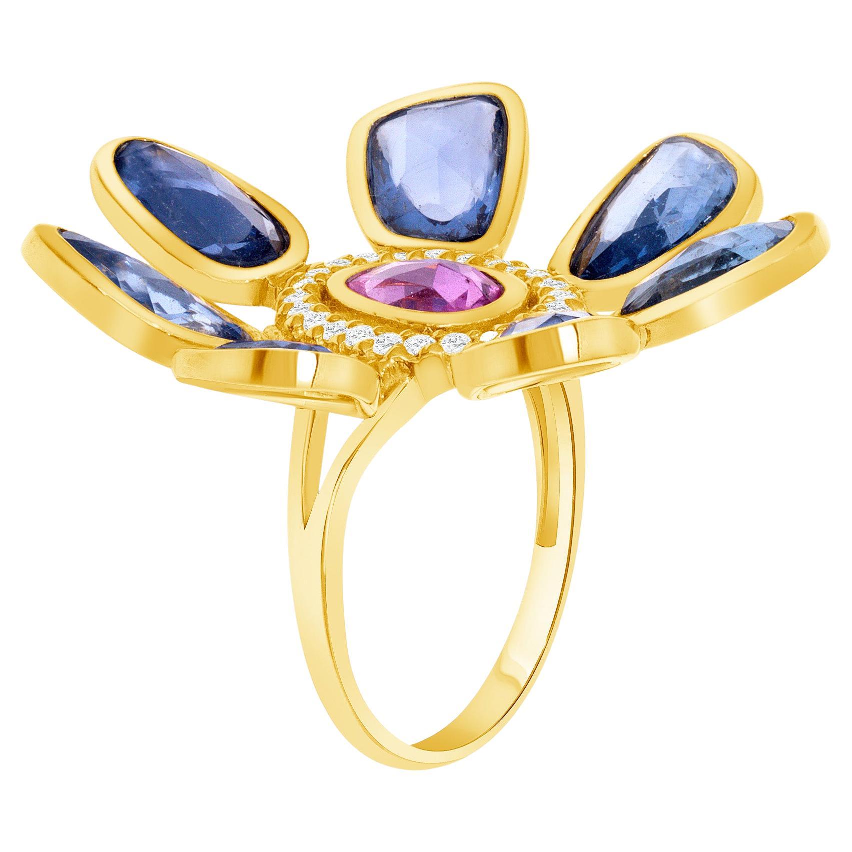 8.54 Carat Total Weight Sapphire Diamond 18k Yellow Gold Fashion Ring For Sale