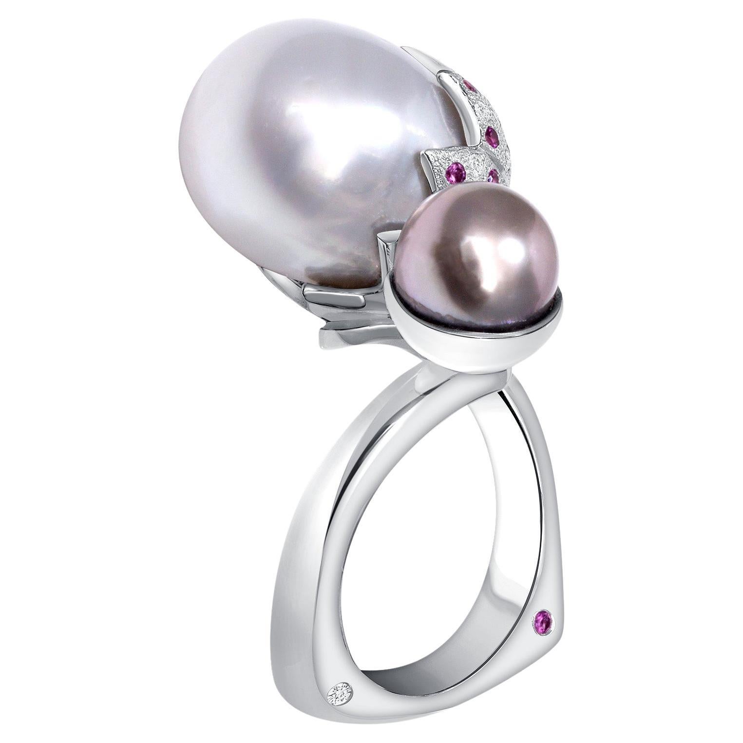 Tahitian Pearl South Sea Pearl Diamond Pink Sapphire Cocktail Ring For Sale