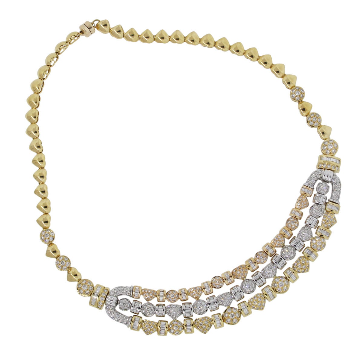 Style: 18k Tri Tone and Diamond Necklace
Diamond Details: Approximately 6.5ctw of Round Brilliant and Baguette shape Diamonds, G/H in color and VS in clarity. 
Chain Length: 14.25''
Total Weight: 4.8g (7.5dwt)
Clasp: Magnet Clasp
Comes With: