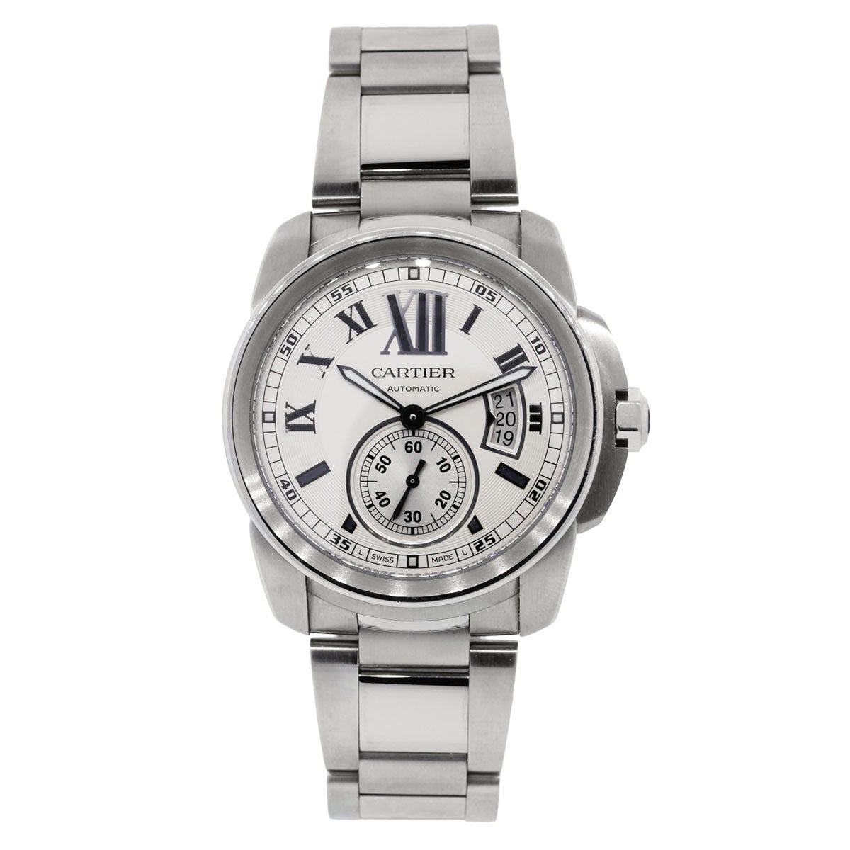 Brand: Cartier
Model: Calibre
Reference: 3389
Case Material: Stainless Steel
Movement: Automatic
Case Measurement: 42mm
Dial: Silvered chronograph dial
Crystal: Scratch Resistant Sapphire
Clasp: Stainless Steel safety clasp
Size: Will Fit a