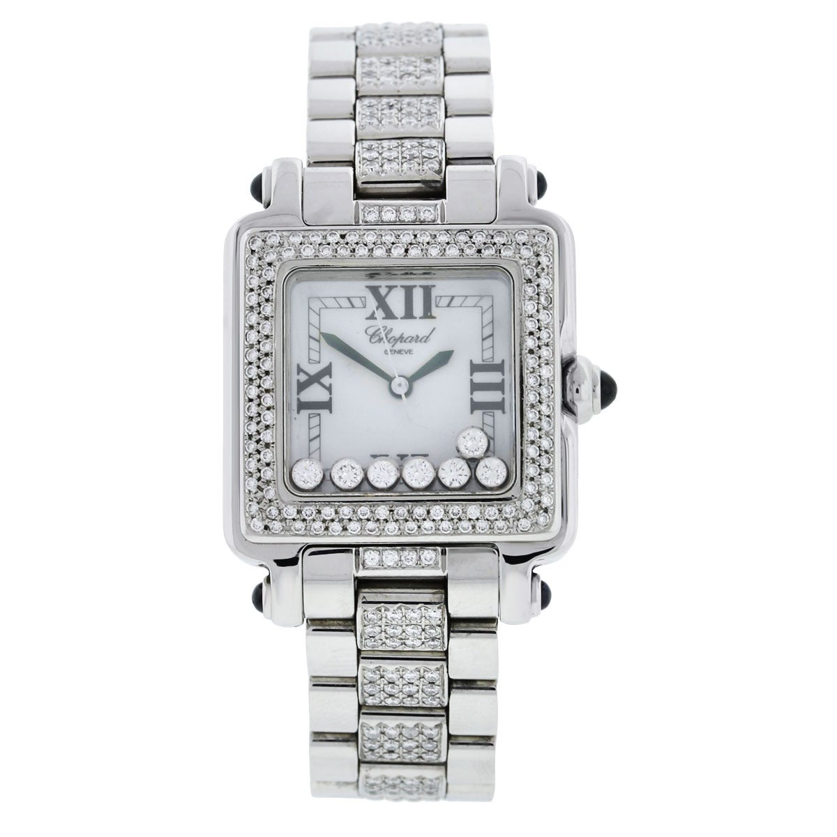 Brand: Chopard
Model: Happy Sport
Reference: 27/8349-23
Case Material: Stainless Steel

Movement: Quartz
Case Measurement: 30mm X 27mm
Dial: White Dial with floating diamonds
Band: Stainless steel with pave diamonds (aftermarket). Diamonds