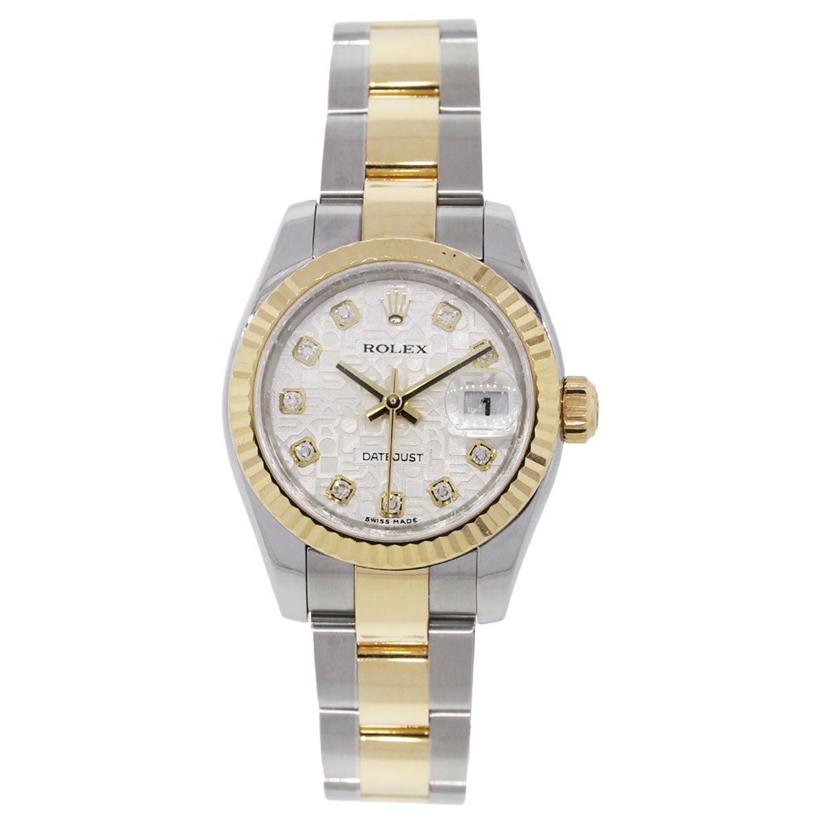 Brand: Rolex
Model: Datejust
Reference: 179173
Case Material: Stainless Steel
Movement: Automatic
Case Measurement: 26mm
Dial: Silver Jubilee Diamond Dial with Gold hands (factory)
Crystal: Scratch Resistant Sapphire
Clasp: Fold over