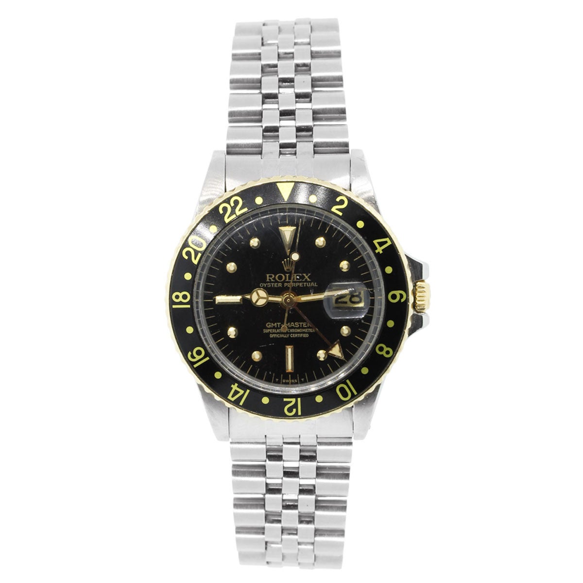 Rolex Stainless Steel GMT Master Two Tone Black Dial Wristwatch Ref 1675