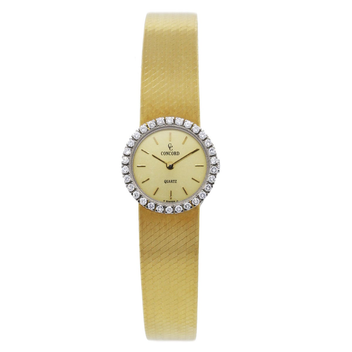 Brand: Concord
Case Material: 18k Yellow Gold
Movement: Quartz
Case Measurement: 20mm
Dial: Gold dial with gold sticks 
Crystal: Plastic
Clasp: Jewelers Clasp
Size: Will Fit a 5.5