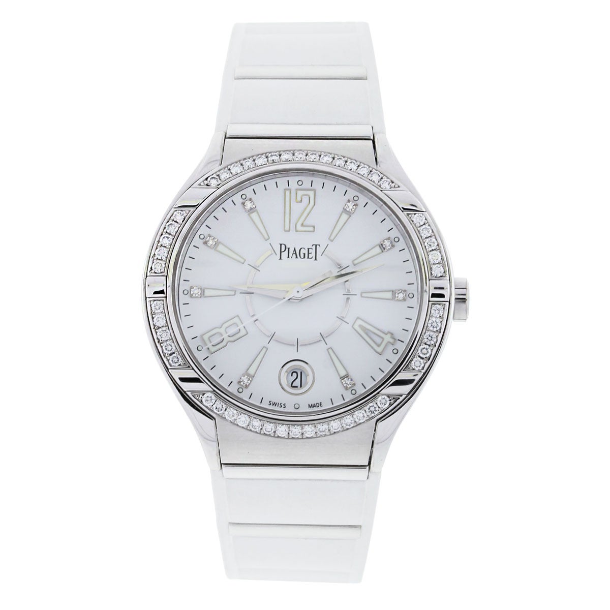 Brand: Piaget
Model: Polo FortyFive
Case Material: 18k White Gold
Movement: Quartz
Case Measurement: 38mm
Dial: White dial with luminescent markers in 18k white gold factory set with 8 brilliant cut diamonds approximately .05ct 
Crystal: