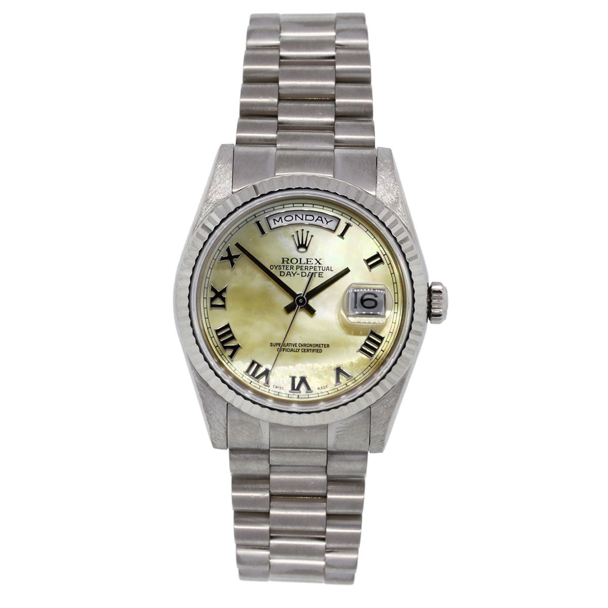 Brand: Rolex
Reference: 118239
Case Material: 18k White Gold
Movement: Automatic
Case Measurement: 36mm
Dial: Mother of Pearl (factory)
Crystal: Scratch Resistant Sapphire
Clasp: Fold Over Clasp
Size: Will Fit a 7.25