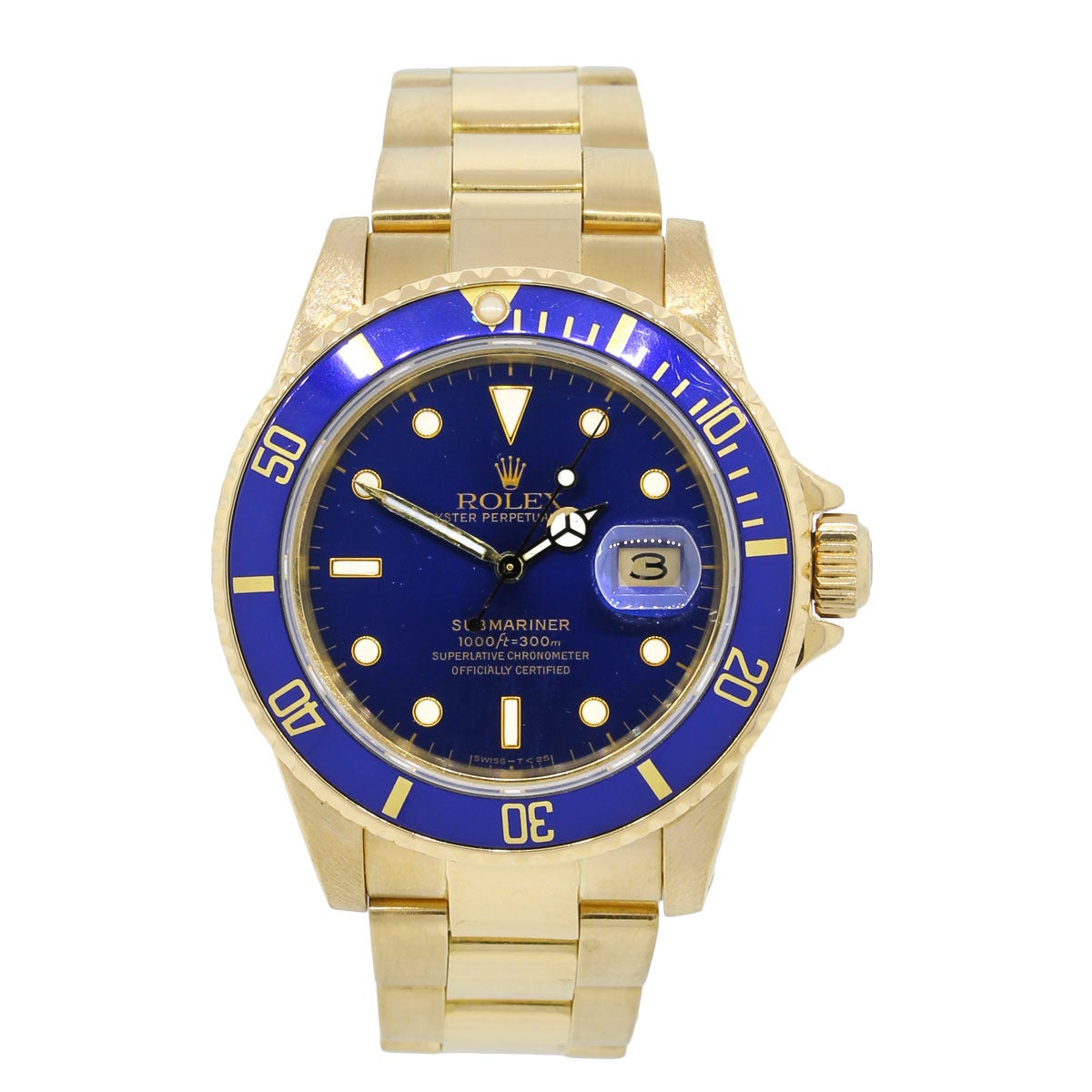 Brand: Rolex
Reference: 16808
Case Material: 18k Yellow Gold
Movement: Automatic
Case Measurement: 40mm
Dial: Blue dial (factory)
Crystal: Scratch Resistant Sapphire
Clasp: Fold Over Clasp
Size: Will Fit a 7