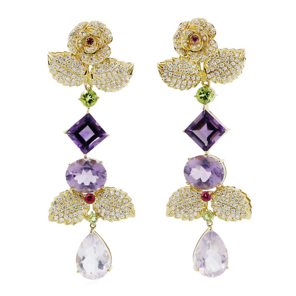 Multicolor Stone Diamond Gold Dangle Earrings