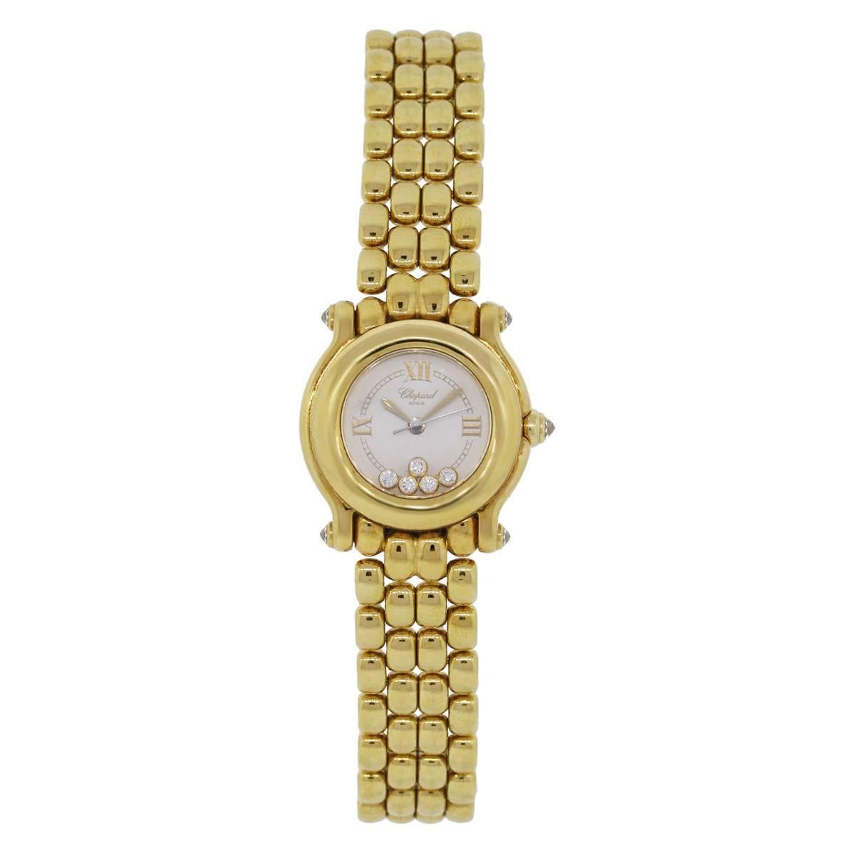 Brand: Chopard
Model: Happy Sport
MPN: 27/6150
Material: 18k Yellow Gold
Dial: White Roman Dial with floating diamonds.
Bezel: 18k Yellow Gold smooth fixed bezel.
Case Measurements: 26mm
Bracelet: 18k Yellow Gold
Clasp: Hidden Deployment
Movement: