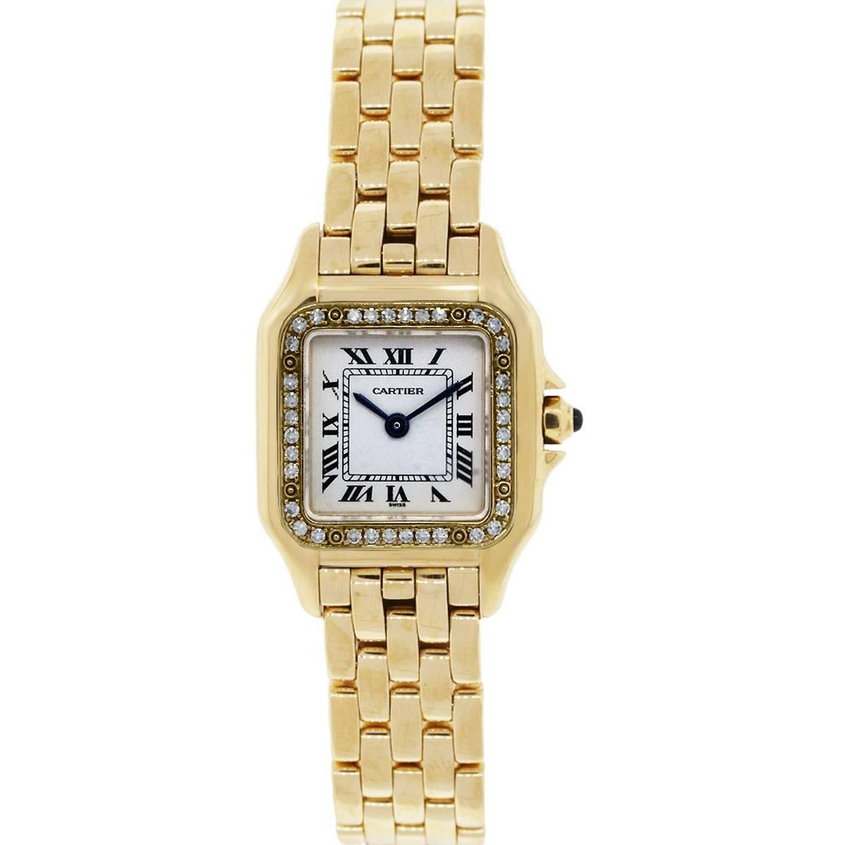 Brand: Cartier
Style: Panthere 1280
Case Material: 18k Yellow Gold
Case Diameter: 22mm
Bezel: Factory original diamond bezel, diamonds are G in color and VS in clarity.
Dial: White Dial with Roman Numeral Dial Markers, Index Blue