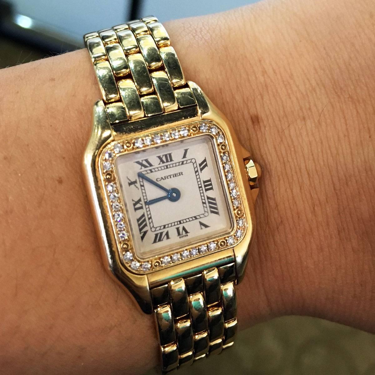 Cartier Yellow Gold Diamond Bezel White Dial Quartz Panther Wristwatch 1