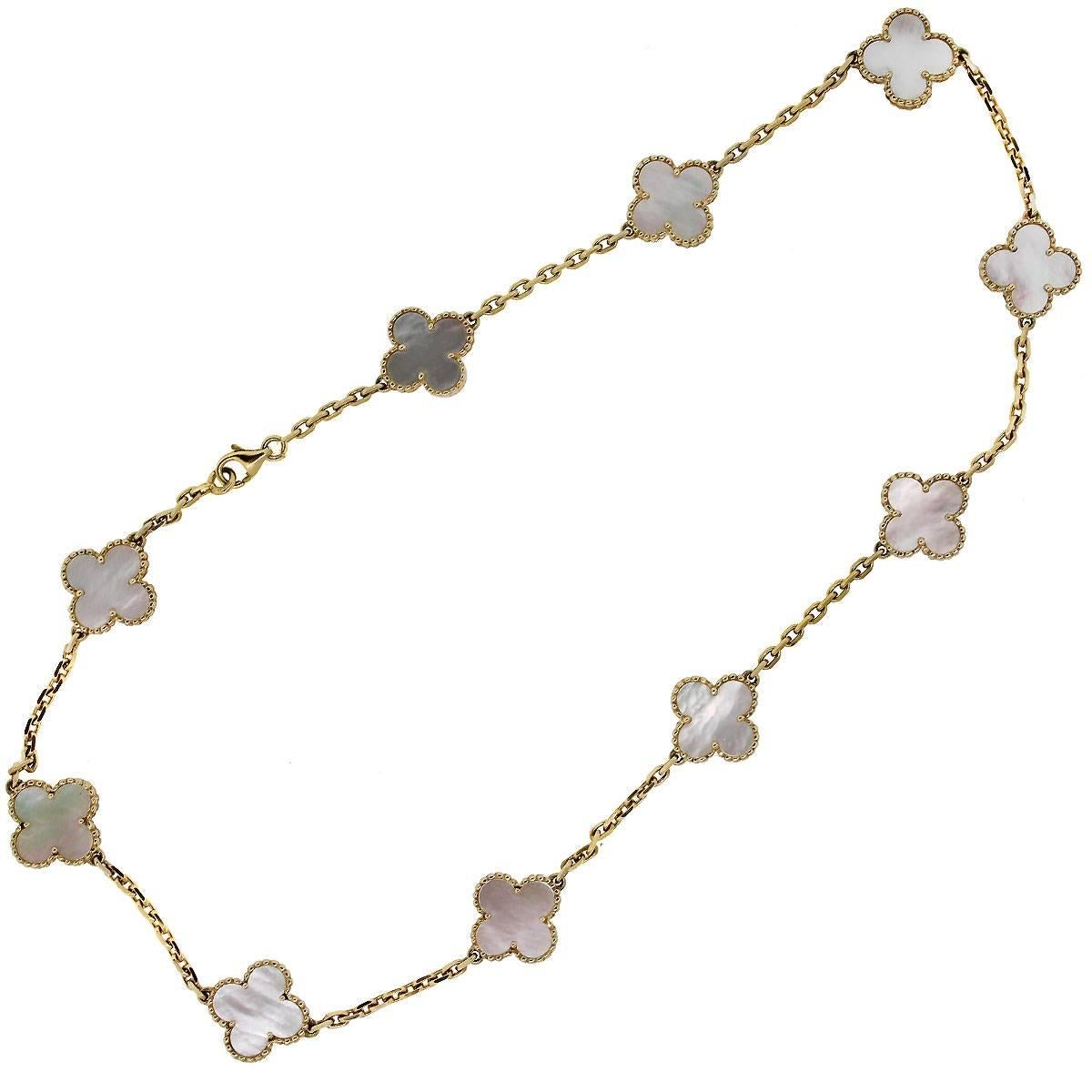 Designer	Van Cleef & Arpels 
Material	18k Yellow Gold
Gemstone Details	Mother of Pearl
Total Weight	23.4g (15dwt)
Necklace Length	16''
Clasp	Spring Ring
Additional Details	This item comes with a Raymond Lee Jewelers Presentation Box!
SKU	G5447