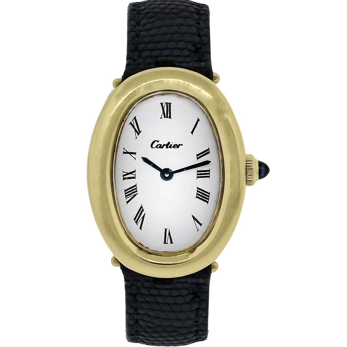 Brand: Cartier
Model: Baignoire
Material: 18k Yellow Gold
Case Measurements: 23mm x 18mm
Dial: White Dial with Roman Numeral Dial Markers; Blue Steel Hands
Bezel: 18k Yellow Gold
Crystal: Scratch Resistant Sapphire
Bracelet: Leather, bracelet shows