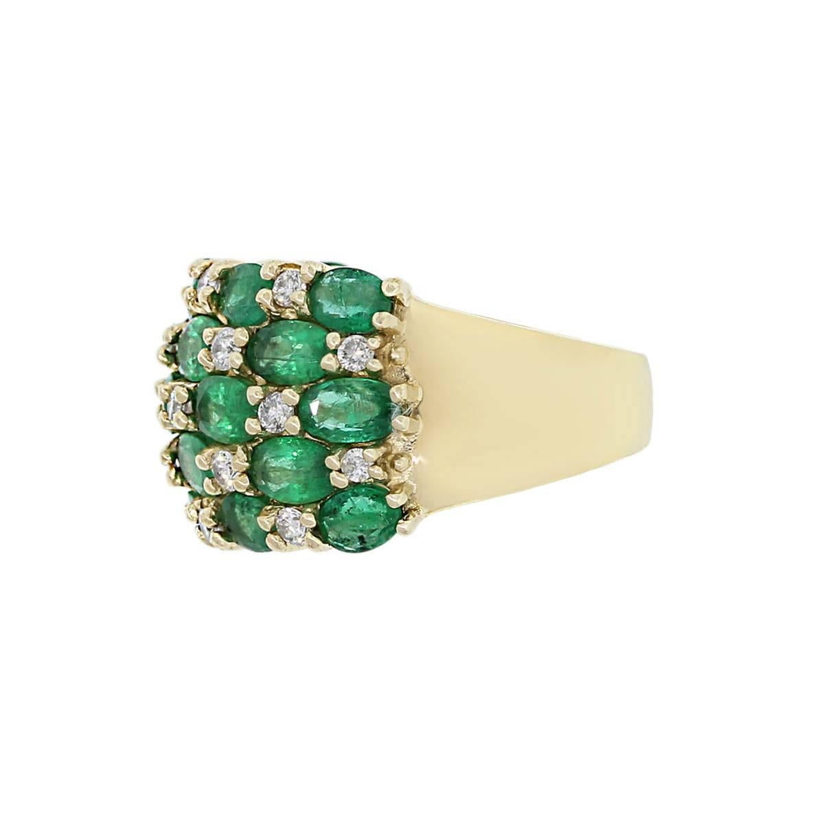 Emerald Diamond Gold Multi Row Ring In Excellent Condition In Boca Raton, FL