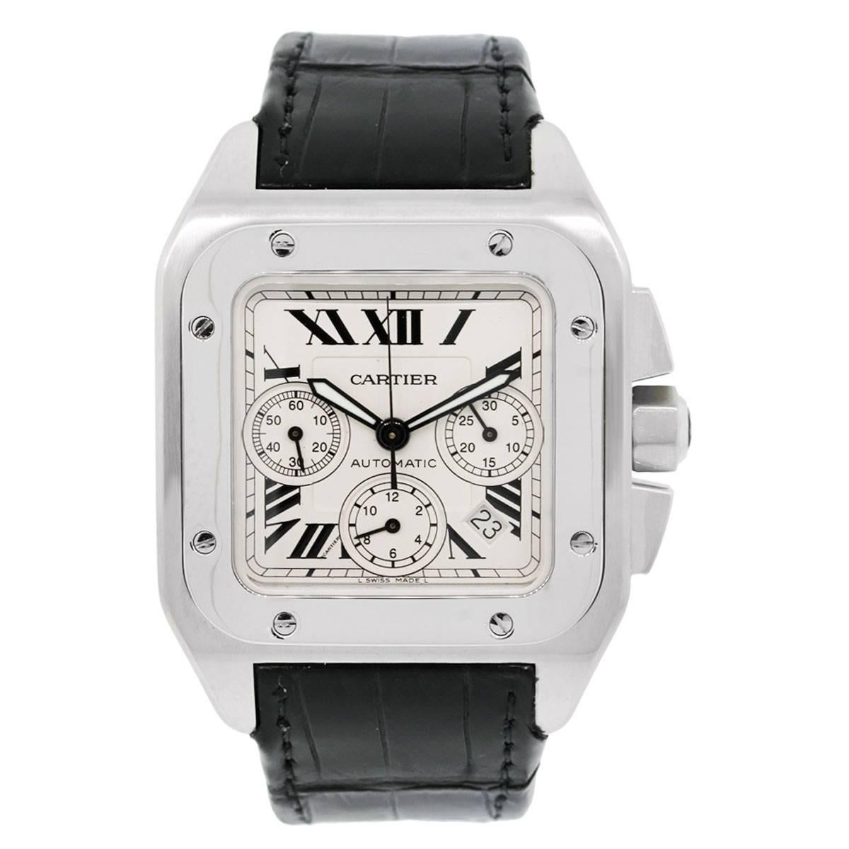 Brand: Cartier
Model: Santos 100 XL
Case Material: Stainless steel
Case Diameter: 42mm
Bezel: Stainless steel
Dial: White chronograph dial
Bracelet: Back leather
Size: Will fit a 6.25
