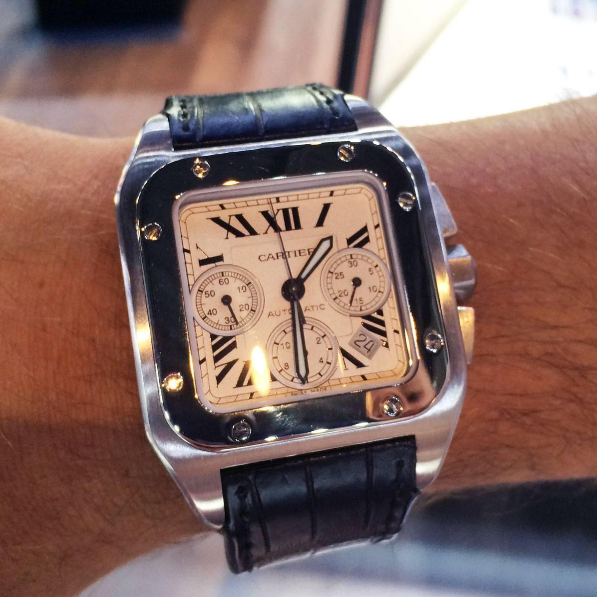 Cartier Stainless Steel Santos 100 XL Chronograph Dial Automatic Wristwatch In Excellent Condition In Boca Raton, FL