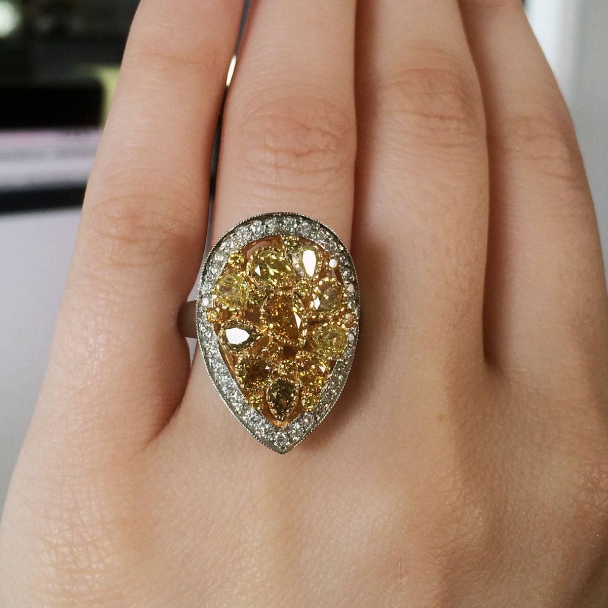 Pear Shape Yellow Diamond Two Color Gold Cluster Ring In New Condition In Boca Raton, FL