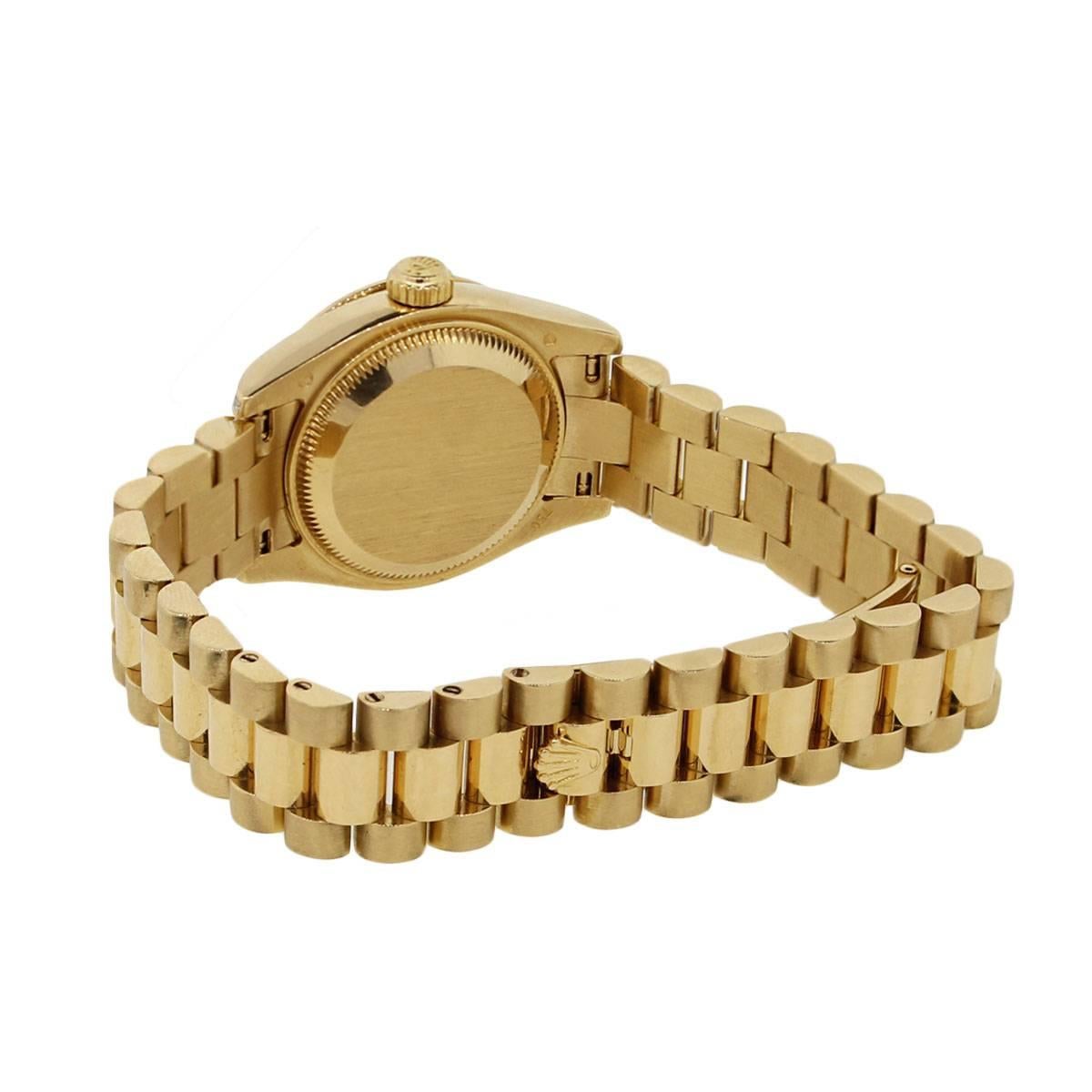 Round Cut Rolex Lady's Yellow Gold Diamond Dial Datejust Presidential Automatic Wristwatch