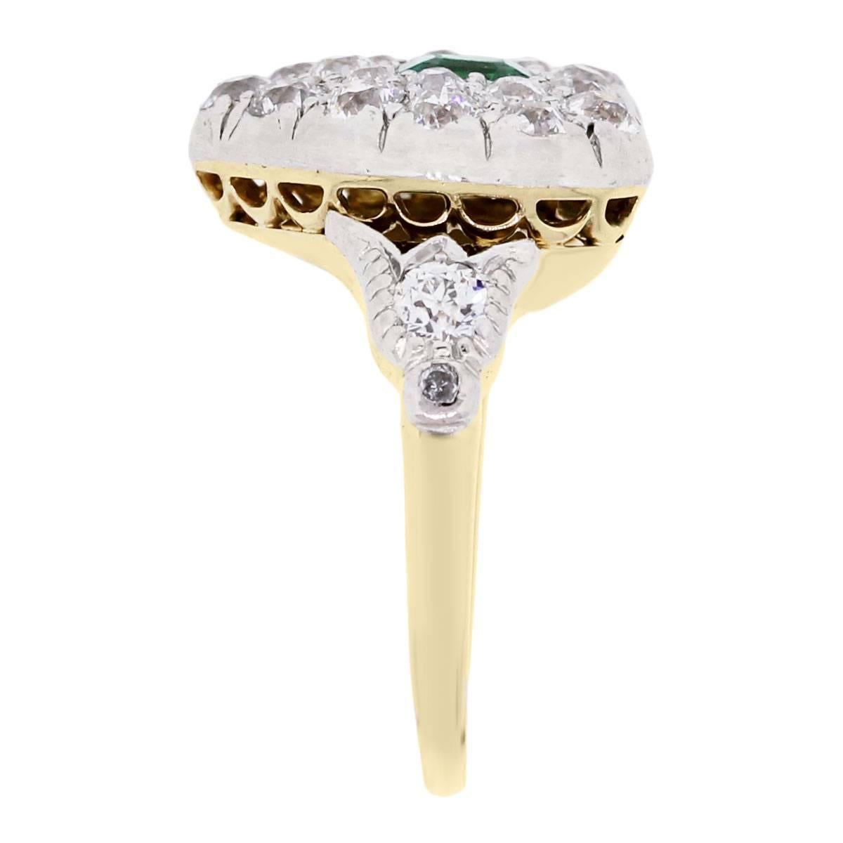 Designer: Tiffany & Co.
Material: 18k yellow gold and platinum
Diamond details: Approximately 0.90ctw of Old European cut diamonds. Diamonds are G/H in color and VS in clarity
Gemstone details: Approximately 0.40ctw natural Emerald measuring
