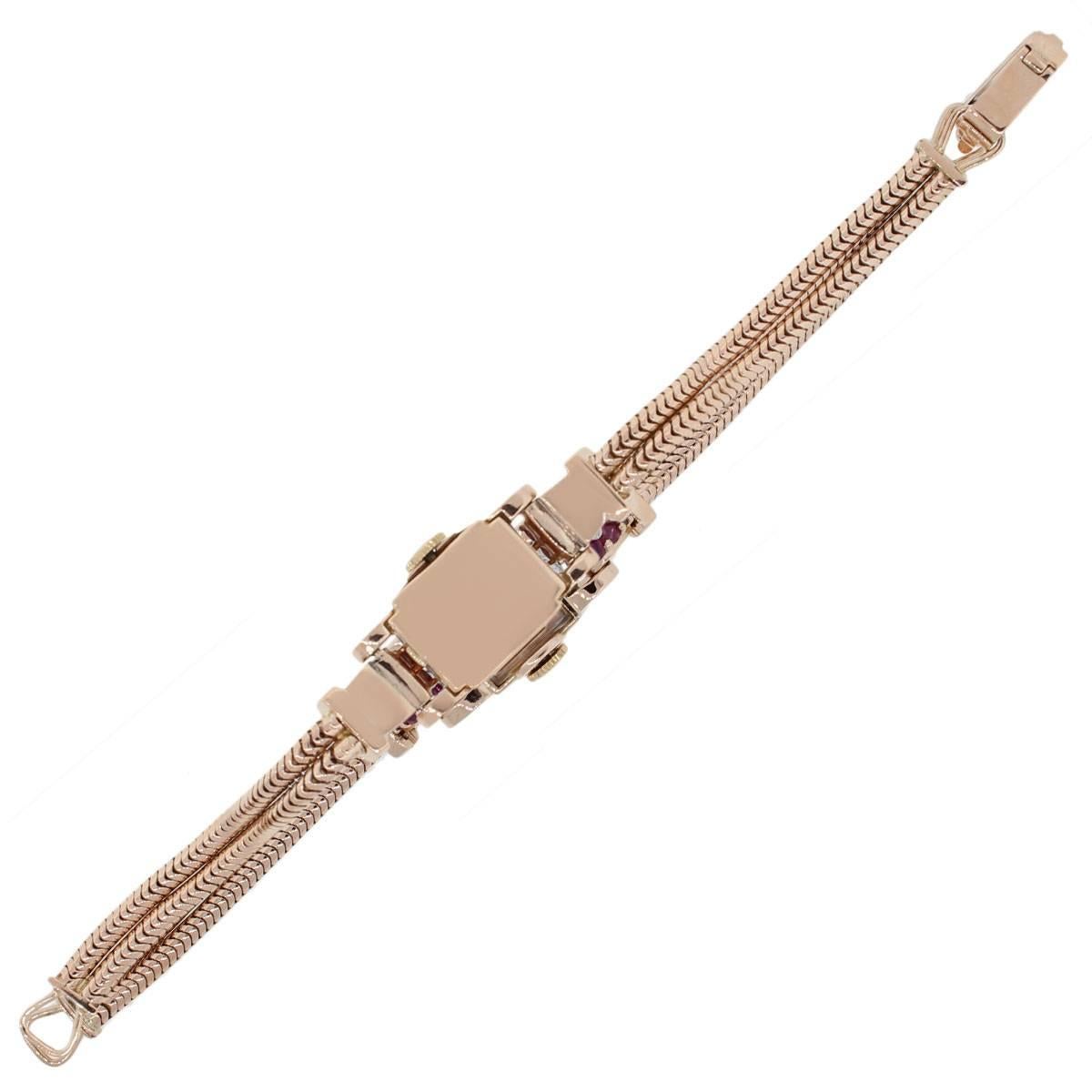 Lady's Rose Gold Diamond Ruby Wristwatch In Excellent Condition In Boca Raton, FL