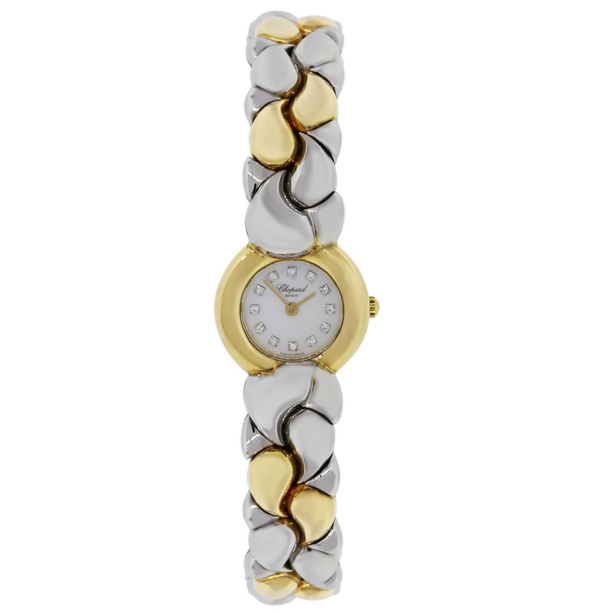 Brand: Chopard
Model: Casmir
MPN: 89151
Case Material: 18k yellow gold
Case Diameter: 24mm
Bezel: Smooth 18k yellow gold bezel
Dial: Mother of pearl diamond dial with gold hands
Bracelet: 18k yellow gold and stainless steel
Crystal: Sapphire