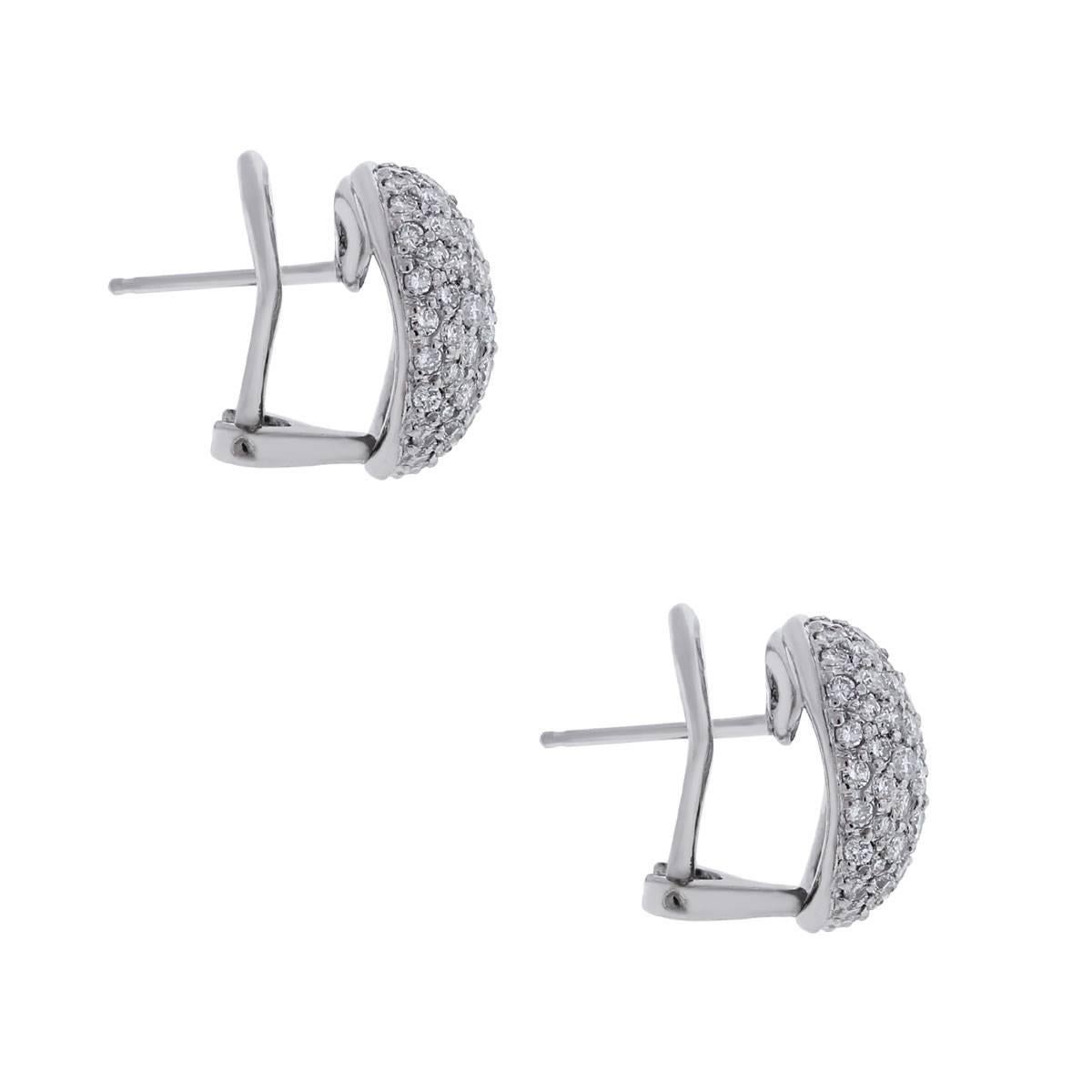 Style: Button Style Earrings
Material: 18k White Gold
Diamonds Details: Approximately 2ctw Pave Set Round Brilliant Diamonds. Diamonds are G/H in color and VS-SI in Clarity.
Measurements: 0.60