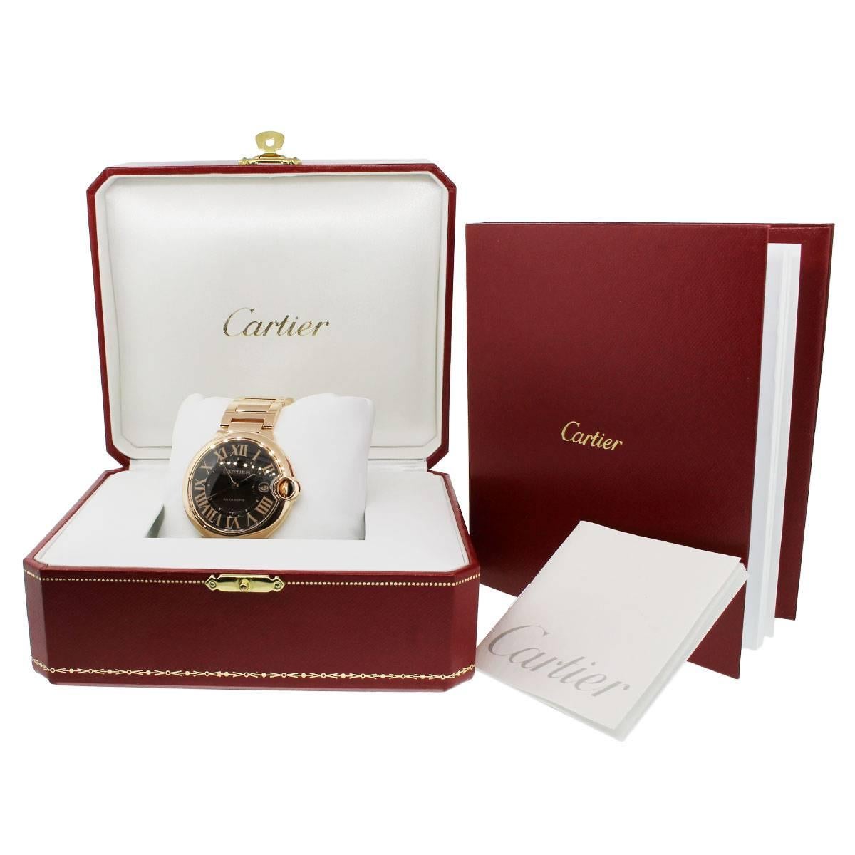 Cartier Rose Gold Ballon Bleu Chocolate Dial Automatic Wristwatch In Excellent Condition In Boca Raton, FL