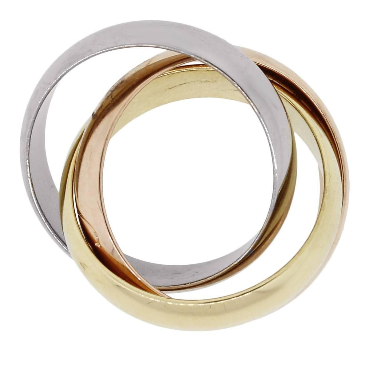 Designer: Cartier
Material: 18k white, yellow and rose gold
Ring Size: Cartier size 48 (4.75)
Ring Measurements: 0.86