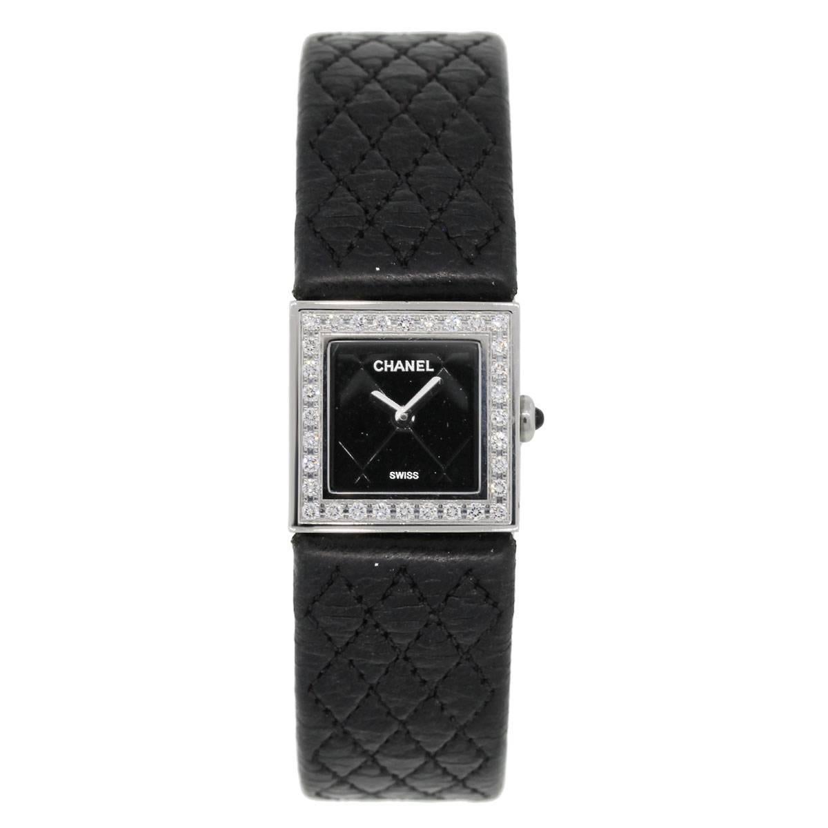 Brand: Chanel
Style: Mademoiselle
MPN: B03618
Case Material: Stainless steel
Case Diameter: 19mm x 19mm
Bezel: Diamond bezel (factory)
Dial: Black quilted dial
Bracelet: Chanel black leather strap (factory)
Crystal: Sapphire
Size: Will fit
