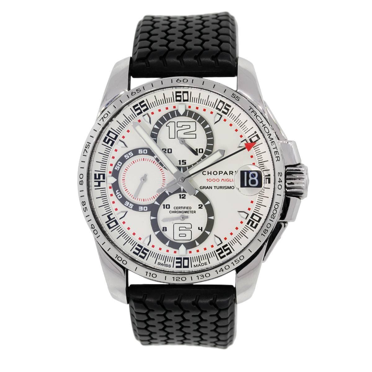 Brand: Chopard
Style: Gran Turismo GT XL
MPN: 1673449-8459
Case Material: Stainless steel
Case Diameter: 44mm
Bezel: Stainless steel
Dial: White chronograph dial
Bracelet: Rubber strap (factory)
Crystal: Sapphire
Size: Will fit a 7.5