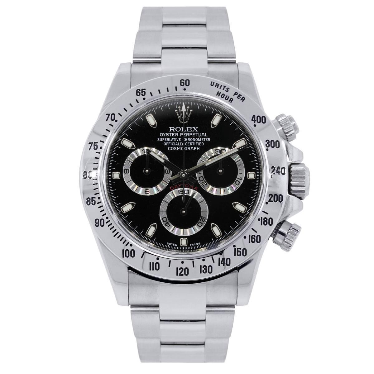 Brand: Rolex
Style: Daytona
MPN: 116520
Serial: Scrambled
Case Material: Stainless steel
Case Diameter: 40mm
Bezel: Stainless steel engraved bezel
Dial: Black Cosmograph dial
Bracelet: Stainless steel oyster band
Crystal: Sapphire
Size: