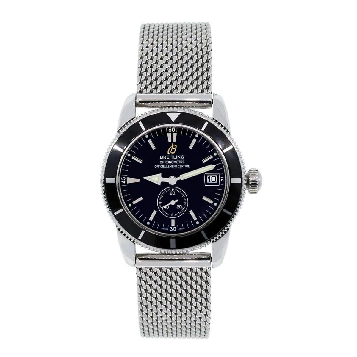 Brand: Breitling
Style: Superocean Heritage
MPN: A37320
Case Material: Stainless steel
Case Diameter: 38mm
Bezel: Stainless steel unidirectional bezel
Dial: Black dial with single sub dial and date window at 3 o'clock position
Bracelet:
