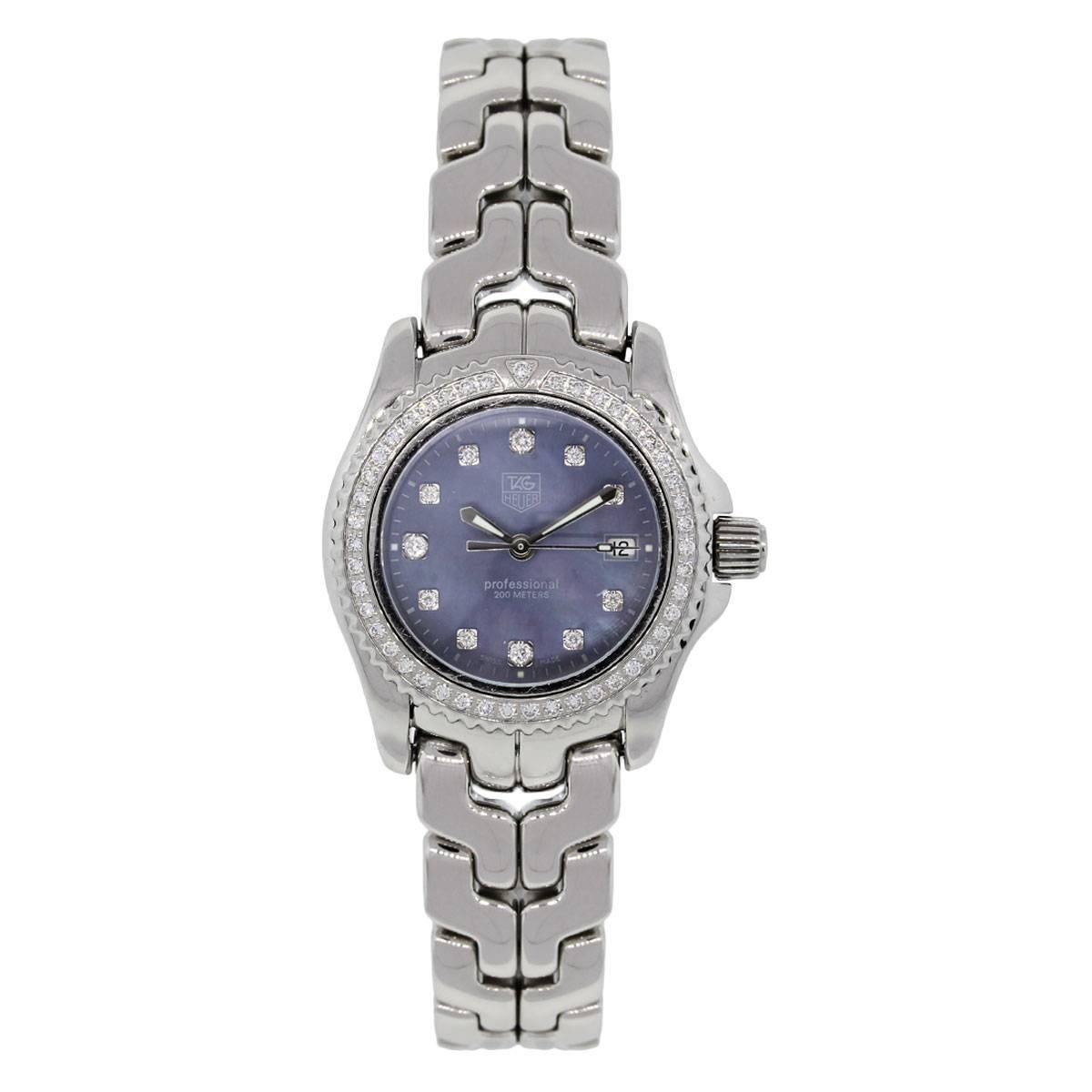 Brand: Tag Heuer
Style: Link
MPN: WT131F
Case Material: Stainless steel
Case Diameter: 31mm
Bezel: Unidirectional diamond bezel (factory)
Dial: Blue mother of pearl diamond dial (factory)
Bracelet: Stainless steel
Crystal: Sapphire
Size: