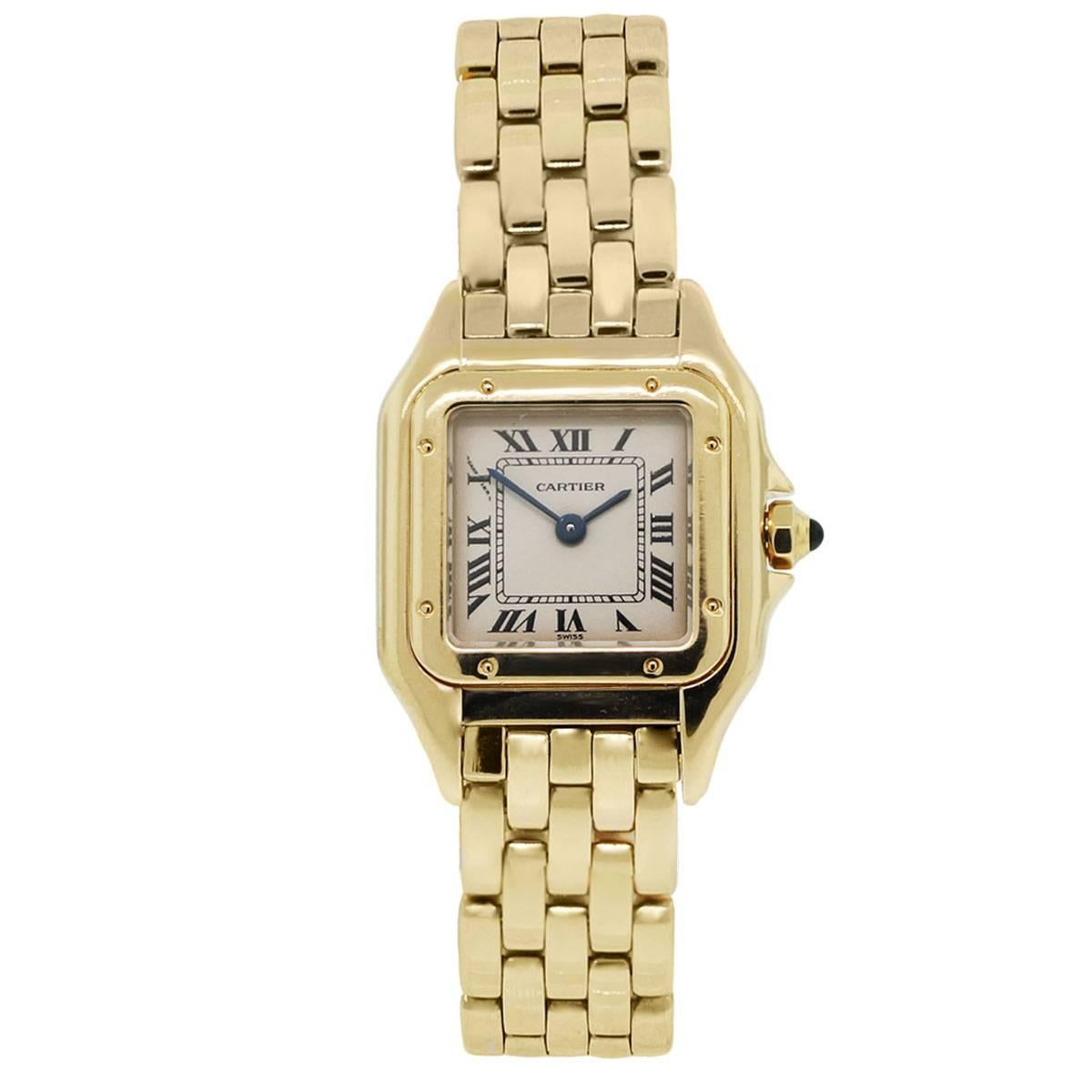 Brand: Cartier
Style	: Pan there
Case Material: 18k Yellow Gold
Case Diameter: 21mm x 30mm
Bezel: 18k Yellow Gold
Dial: Champagne dial with Roman Numeral hour markers and blue sticks
Bracelet: 18k Yellow Gold
Crystal: Sapphire
Size: Will fit