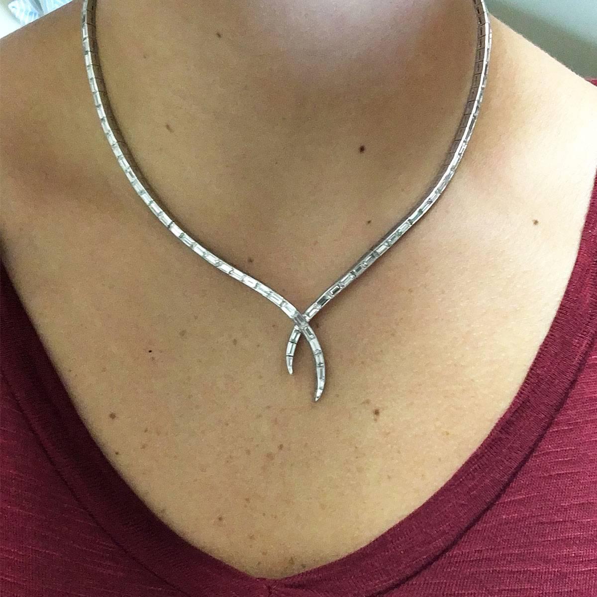 Women's 10 Carats Baguette Cut Diamonds Platinum Crossover Necklace