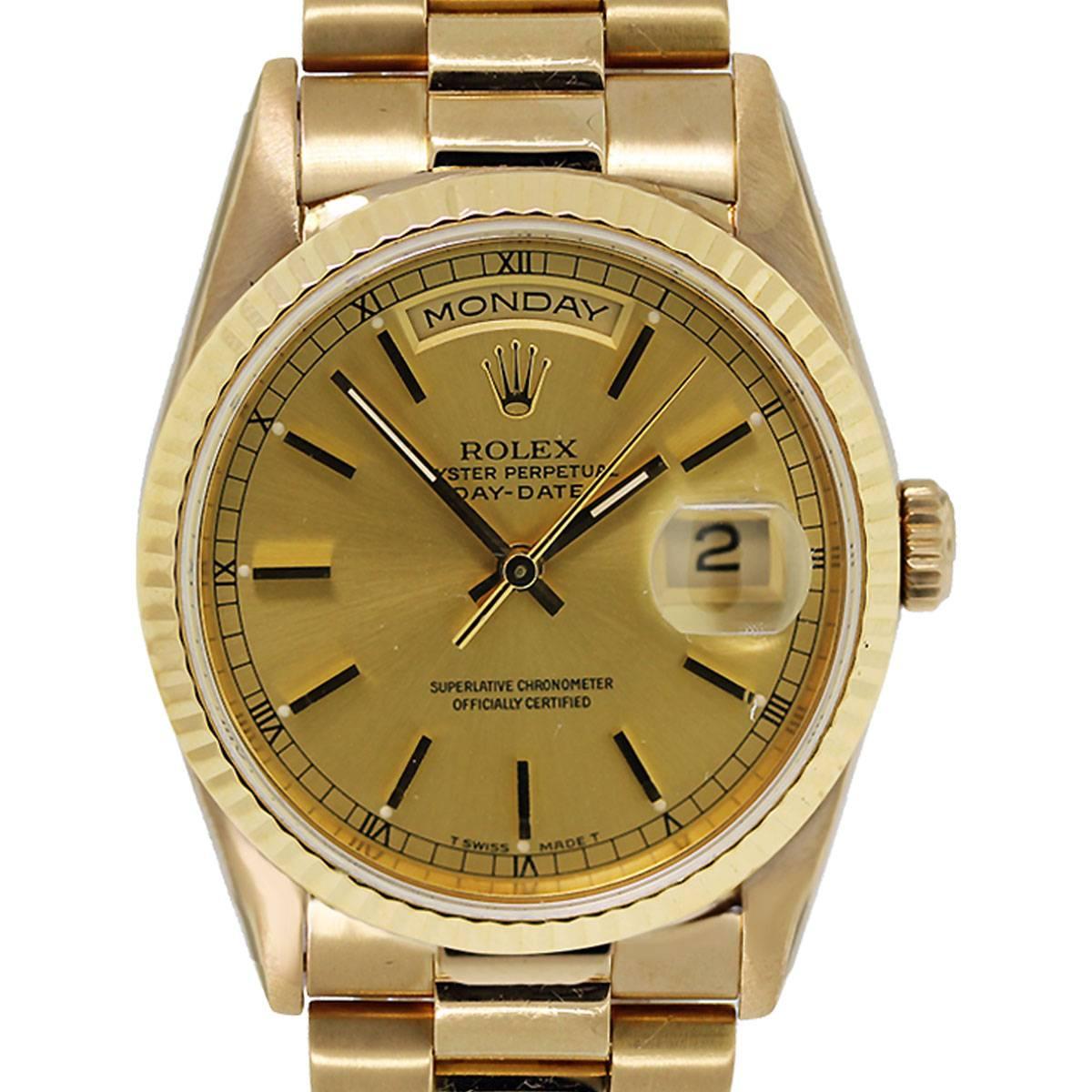 Rolex Yellow Gold Presidential Day-Date Stick Dial Automatic Wristwatch