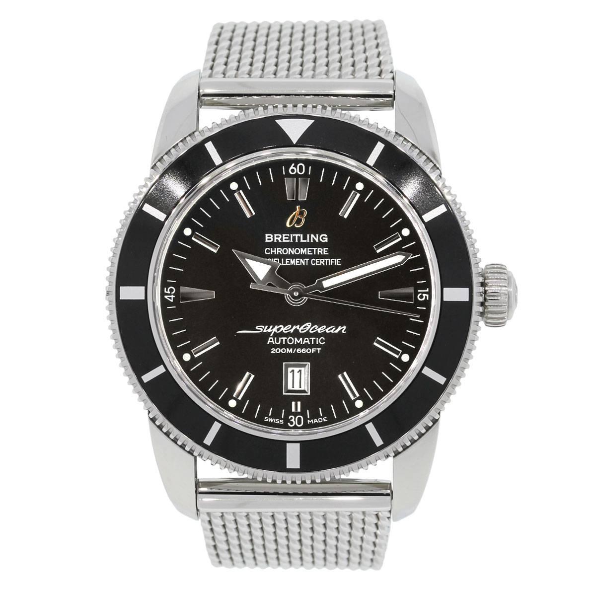 Brand: Breitling
MPN: A17320
Model: Superocean
Case Material: Stainless steel
Crystal: Sapphire
Case Diameter: 46mm
Bezel: Unidirectional black bezel
Dial: Black dial with silver hour markers and silver hands. Date window at the 6 o'clock